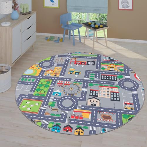 TT Home Kinderzimmerteppich Teppich Junge Mädchen Kinderteppich Baby rutschfest Straße, Farbe: Grau 3, Größe:160 cm Rund