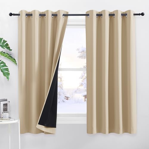 PONY DANCE 100% Verdunkelungsvorhang mit Ösen 2er Set Blickdichte Gardinen Schlafzimmer Verdunkelnde Vorhänge mit Schwarzem Futter Thermovorhang Hitzeschutz, H 160 x B 140 cm, Biscotti Beige