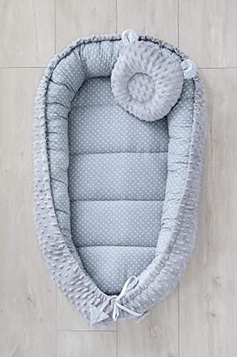 LOOLAY® Baby Kokon Set Kuschelnest Nestchen Babynestchen Kokon Baby-Reisebett Babybett Cocoon Minky (kleine Punkte grau/Minky grau)