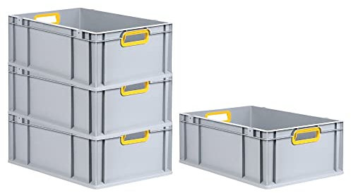 PROREGAL SuperSparSet 4x Eurobox NextGen Color | HxBxT 22x40x60cm | 44 Liter | Griffe gelb offen | Verstärkter Boden | Eurobehälter, Transportbox, Transportbehälter, Stapelbehälter