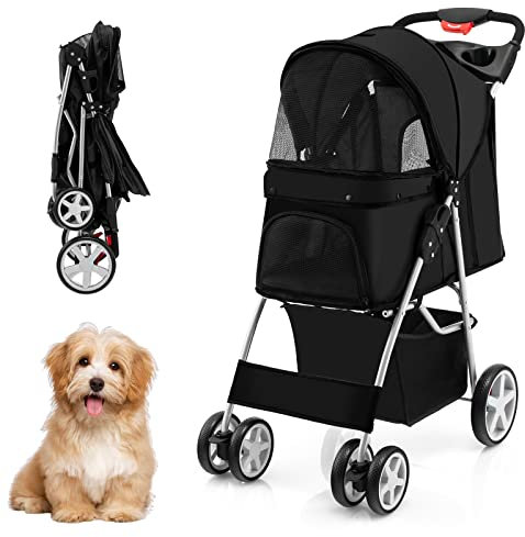 COSTWAY Poussette pour Chien Pliable à 4 Roues Charge 15KG, Chariot pour Chat Portable avec Panier de Rangement Fenêtre en Maille, pour Animaux de Compagnie Moins de 40,5CM (Noir)