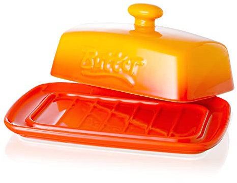 Grand Beurrier en Porcelaine, Candiicap Boîte à Beurre, Garde-Beurre Classique avec Couvercle, Conteneur de Beurre pour Tous les Types de Beurre, Lave-vaisselle(Orange Tropicale)