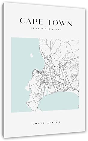 Pixxprint Stadtkarte Eckig - Kapstadt, Größe: 60x40cm, Leinwandbild, fertig gespannt, Wandbild, Dekoration, Kunstdruck, kein Poster