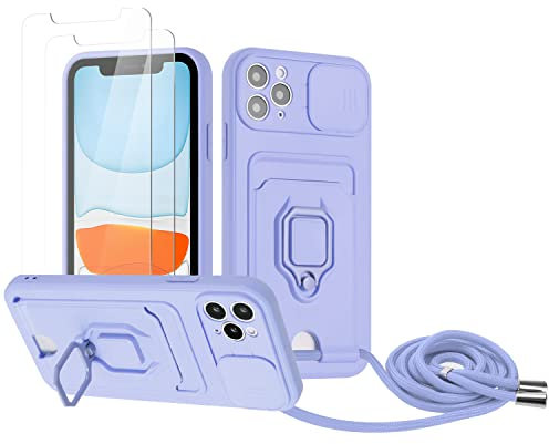 Zallagre Cover Compatibile con iPhone 11 Pro,[2 Pack] Vetro Temperato,Protezione Fotocamera,360°Magnetica Anello Supporto,Slot Schede,Custodia con Cordino-Viola