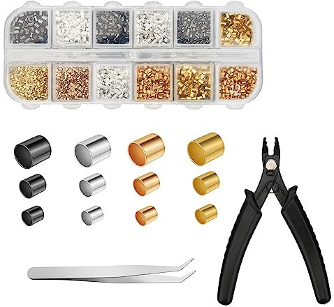 2200PCS Quetschröhrchen für Schmuckherstellung, 1,5/2/2,5mm Quetschperlen Set Tube Crimp Perlen mit Quetschzange Pinzette für Halsketten, Armbänder, Ohrringe (Gold, Silber, KC-Gold, Schwarz)