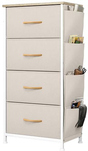 YITAHOME Kommode, 4 Stoffschubladen mit Griffen, Aufbewahrungsschrank mit Haken, Schubladenschrank mit Seitentaschen, Schrank,Metallgestell, stoffkommode für Schlafzimmer,Wohnzimmer,Flur,Büro,beige
