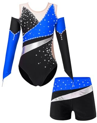 Jowowha Mädchen Turnanzug Langarm Gymnastikanzug Glitzer Ballettanzug mit Shorts Haarband Patchwork Gymnastik Trikot Wettbewerb Tanzkostüm Royal Blau 134-140