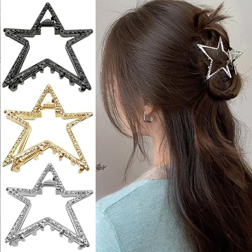 3 Pinces À Cheveux Étoile en Métal, Épingle À Cheveux Étoile Creuse, Pince À Cheveux Étoile Antidérapante, Convient aux femmes et aux Filles aux Cheveux Fins - Argent, Or, Noir