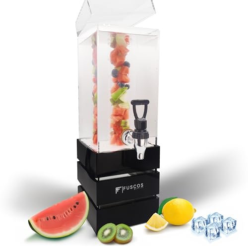 FUSCOS Getränkespender 3L aus Acryl mit Zapfhahn aus Edelstahl - für Kaltgetränke - Wasserspender, Saftspender, drink dispenser, Zapfsäule, Limonadenspender mit Eis und Früchteeinsatz - schwarz