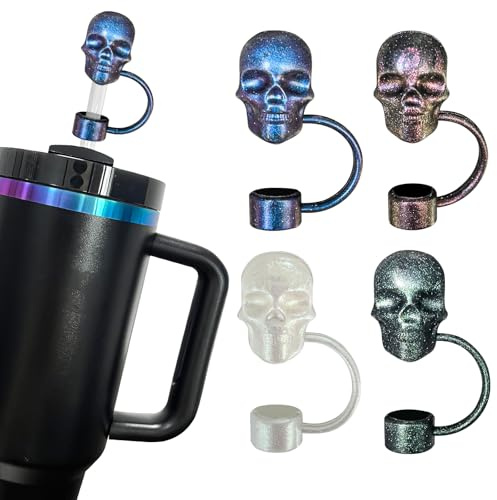 4Pcs Laser Skull Straw Topper, Halloween Straw Cover Cap for Stanley Cup, 3D Skull Covers for 30&40 Oz Tumbler, 10mm Reusable Drinking Straw Caps, Cup Accessories Halloween Gifts