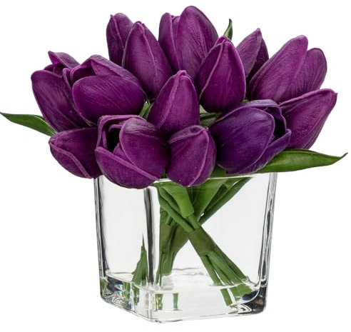 14 Tulpen Künstliche Tulpenblumen Kunstblumen Kunstblumen Echtes Gefühl, künstliche Latex-Tulpen in Glasvase Dekoration für Hochzeitsdekoration, Innen und Außen, Küche, Büro, Heimdekoration, Violett