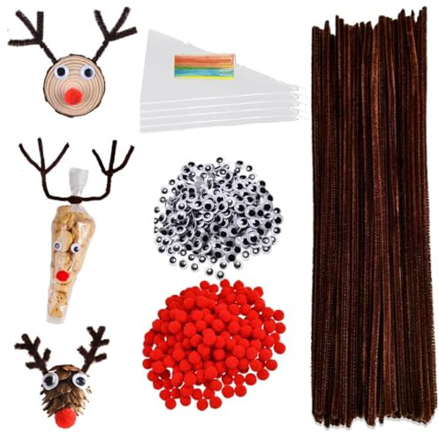 Pfeifenputzer Bastel set , Pfeifenputzer Braun Spitztüten mit Bindebänder Rote Pompons Wackelaugen für Bonbons Kekse Weihnachtsgeschenke.(600PCS)