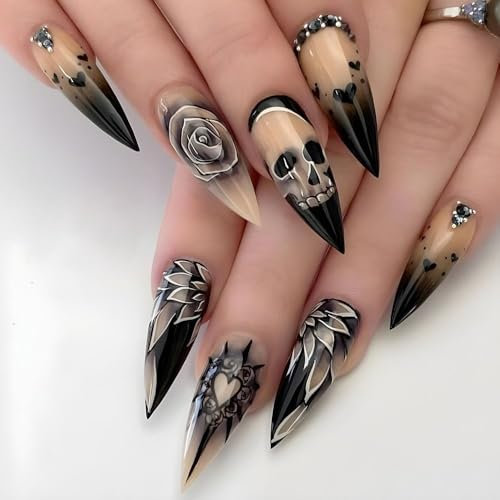 24PCS Halloween Press on Nails Punk Skull Night False Nail Rose Crystal Dark Fake Nails Long Stiletto Goth Fake Nails Black Rose False Nails for Women Manicure Decor