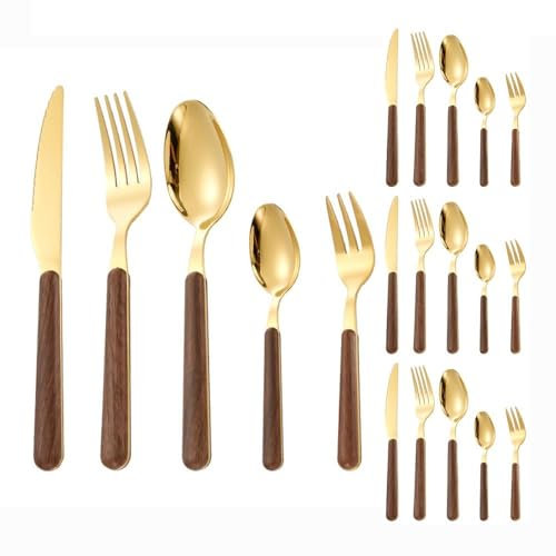 Wooden Handle Kitchen Stainless Steel Silverware Tableware Flatware Cutlery 5 Piece Set Steak Knife Fork Spoon Teaspoon (Gold,20 Pieces)