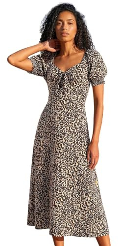 Roman Floral Print Dress for Women UK Ladies Sweetheart Neck Ruched Midi Maxi Long Length Short Sleeve Flattering Casual Summer Spring Party Evening Going Out - Animal Black - Size 14