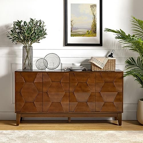 HULALA HOME Sideboard Storage Cabinet with 4 Doors and Adjustable Shelves, Large Sideboard Modern Kitchen Buffet Cabinet with Solid Wood Legs for Living Room and Dining Room, Walnut
