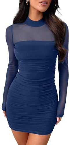 oten Womens Sexy Mock Neck Mesh Long Sleeve Short Ruched Slim Fit Bodycon Tight Party Cocktail Club Homecoming Mini Dress, Navy Blue, S