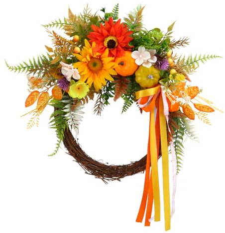 Artificial Fall Wreaths for Front Door, Halloween Deko Türkranz, Herbst-Halloween, Künstliche Kürbisse Kranz, Kürbis-Ahornblatt-Halloween-Kranz für Haustür