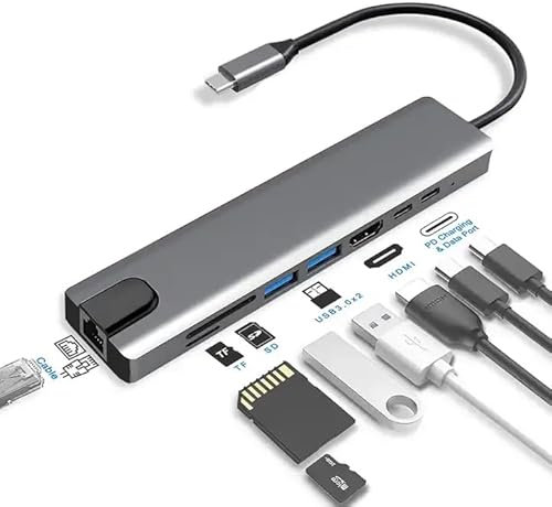 USB C Hub with Ethernet, 8 In 1 Multiport Adapter with 100W PD, 4K HDMI, USB 3.0/2.0, Type C Port, SD TF Card Reader, for iPhone 15, MacBook, iPad, Samsung, Surface etc (8 in 1 USB C Hub)