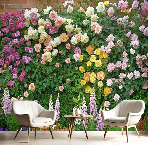 Fotomurales Jardín De Rosas 200X140Cm Papel Pintado Decoración De Pared Campo Nórdico, Murales Póster Verde Esmeralda Efecto 3D, Decorativos Murales Para Dormitorio Salón Tv Pared