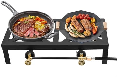 Ealtqund Double Burner Camping Stove - 8000W Cast Iron Gas Hob with 1.2m Hose & Regulator Portable Outdoor Cooker for Camping, BBQs & Emergencies