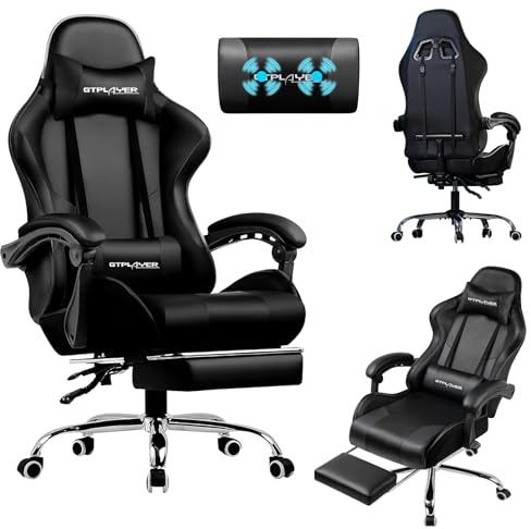 LUCKRACER Sedia da Gaming Massaggiante ed Ergonomica con Schienale Regolabile, Poggiapiedi e Supporto Lombare - Reclinabile, nero