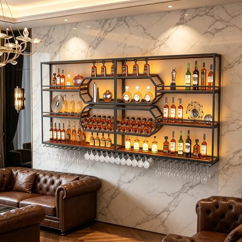 FKKPRVAX 240cm Wandmontiertes Weinregal, (240×125×25cm) | 4 stöckiges Metall Wandmontage Wine Display Ständer, Wand Flaschenregal für Bar-Einheiten, Restaurants und Zuhause