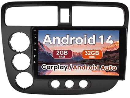 Radio de Coche Android 15 para Honda Civic 2001 2002-2005，9 Pulgadas Radio Double DIN inalámbrico, Bluetooth Carplay, Visión Trasera en Directo HD, Carga rápida GPS(M600S 8G+128G)