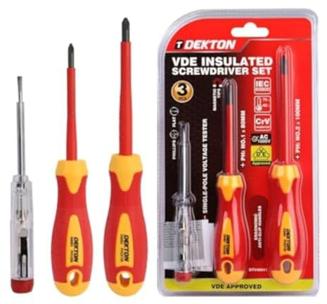 DEKTON VDE 3Pcs Insulated Screwdriver Set – Tested to 1000V | En IEC 60900:2018 Certified | Chrome Vanadium Steel Blade | Magnetic Tips | Anti-Slip Ergonomic Handle | Professional Electrical Toolkit