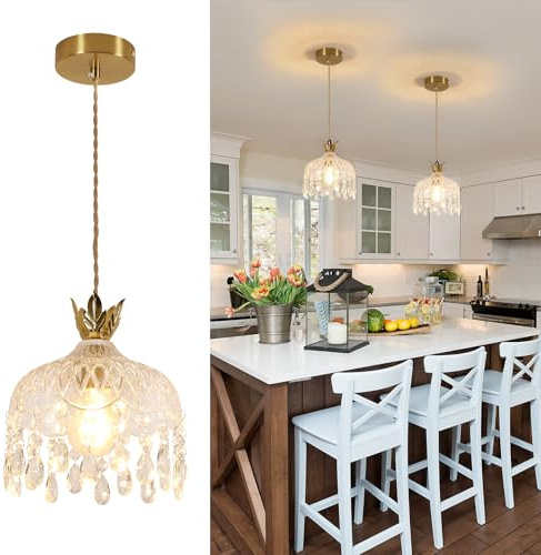 Comely Moderne Blumen-Hängelampe Kristall Pendelleuchte Gold, E27 | Einstellbarer Höhe, Deckenleuchte Vintage für Schlafzimmer Esszimmer Flur Eingang, Ø20CM
