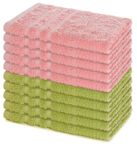 Lavea® 10er Set Gästehandtücher 30x50 cm – Lindgrün & Pastellrosa | Weiche & Saugstarke Gästetücher aus 100% Baumwolle, Frottierserie Elena, Waschbar 60°C, Trocknergeeignet