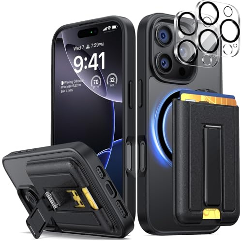 seacosmo Magnetic for iPhone 16 Pro Max Case with Magsafe Wallet, 3-Card Holder, Magnetic Wallet with Adjustable Stand, [2 Lens Protector] Anti-Scratch Phone Cover for iPhone 16 Pro Max, Matte Black