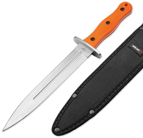 BÖKER PLUS Boar Dagger - Abfangmesser Saufänger Rotwild Schwarzwild 22,9 cm | Feststehendes zweischneidiges Jagdmesser, rostfreie 440C-Klinge, rutschfester TPR-Griff, Nylon-Scheide, Nachsuche & Revier
