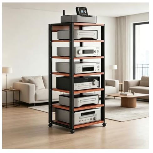 Generico mobile stereo hi fi rack hifi Mobiletto Stereo A 7 Livelli Con Ruote, Console Centrale, Ripiani Aperti For Dispositivi Multimediali, Supporto Audio Video For Ricevitori, Lettori DVD(Red)