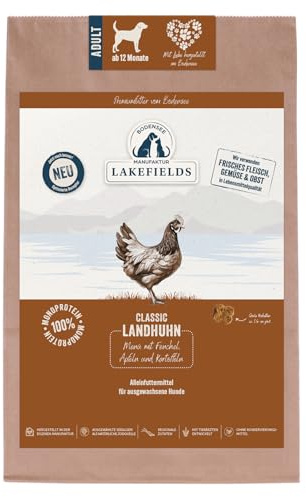 Lakefields Classic Hundefutter trocken | Huhn 60% | 4 x 2,5kg | Getreidefreies Trockenfutter für ausgewachsene Hunde | Zutaten in Lebensmittelqualität | Apfel, Karotte & Kartoffel | Schonend gebacken