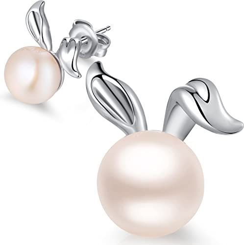 Jiahanzb Cute Kaninchen Ohrringe, Damen Natürliche Süßwasser Perle Häschen Ohrstecker 925 Sterling Silber mit Hase Design für Mädchen 7.5-8mm