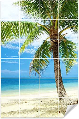 Fliesenaufkleber Bad, Klebefolie Klebefliesen Badezimmer, Motiv Strand & Palme, Fliesenbild selbstklebend Küche und Flur, Fliesenmaß: 15x20cm, Bild: 100x150cm (BxH)