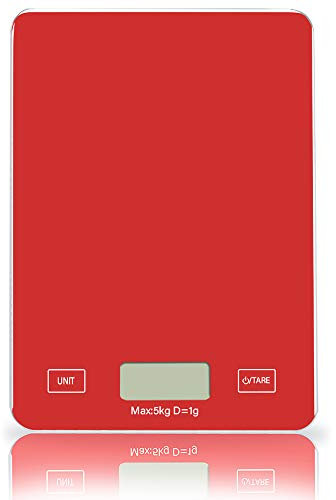 Balance de cuisine numérique en verre trempé avec grande plate-forme et écran LCD rétroéclairé, design fin, piles incluses, 5 kg (rouge)