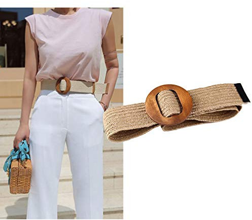 Ceinture en raphia de paille pour femme - Tressée avec boucle en bois pour robe d'été - Casual Beach Sandy Bohême Style Boho