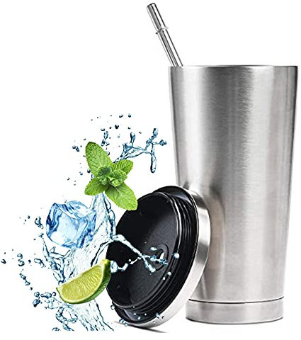 flintronic 500ML(17oz) Edelstahl Becher Kaffeebecher mit Strohhalm, Thermobecher Reiseflasche mit Spritzfestem Deckel,Trinkflasche Vakuumisolierte Tasse Kaffee to Go- Silber (mit 1 Becherbürste)