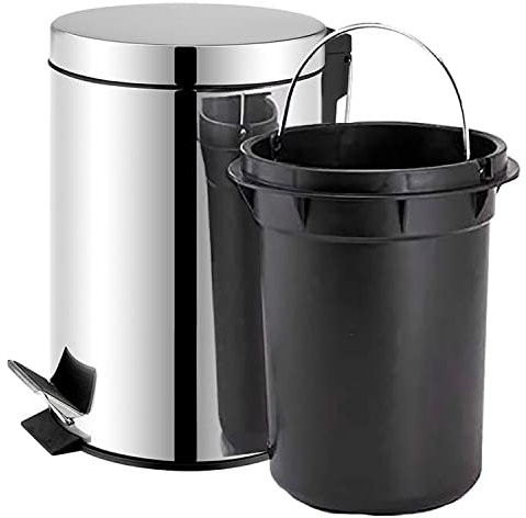 TIENDA EURASIA - Cubo de Basura Cocina | Con Pedal | Acero Inoxidable | Contenedor Interior Extraíble | Acabado Cromado Brillante | Papelera Baño (3L)