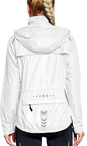 FitsT4 Sports Damen Fahrradjacke Radfahren Laufen Jacken Leichtgewicht Wasserabweisend Windbreaker Wanderjacke Reflektierend Trekking Regenjacke mit Kapuze,Weiß,XL