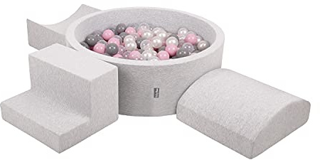 KiddyMoon Area di Gioco in Schiuma con Tondo Piscina di Palline (200 Palline) per Bambini, Grigioch:Perla/Grigio/Trasparente/Rosa Chiaro
