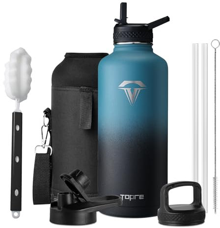 Isolierte Wasserflasche, 2,5 l, Topre Big Wasserflasche mit Strohhalm, doppelwandige Vakuum-Edelstahl-Wasserflasche mit 3 Deckeln und Bürste, auslaufsichere Thermosflasche für Fitnessstudio Camping