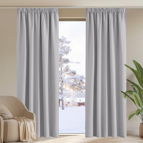 PONY DANCE Vorhang Blickdicht Kräuselband Extra Lange Gardinen und Vorhänge für Gardinenschiene 2er Set H 260 x B 140 cm Verdunklungsvorhänge Grau Gardine Wohnzimmer, Silbergrau