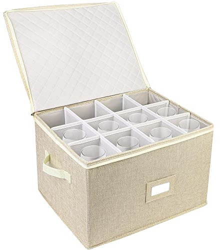 LotFancy Stemware - Contenitore rigido impilabile, con divisori e manici, vetro di cristallo, flauto da champagne, custodia per bevande, colore: beige