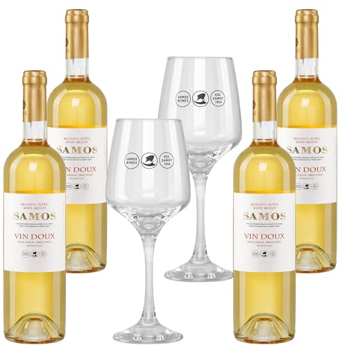 Samos Wein Vin Doux 4x 0,75l plus 2 Samos Weingläser | 15% Vol. | Samos Wein | Griechischer Likörwein | Griechischer Dessertwein