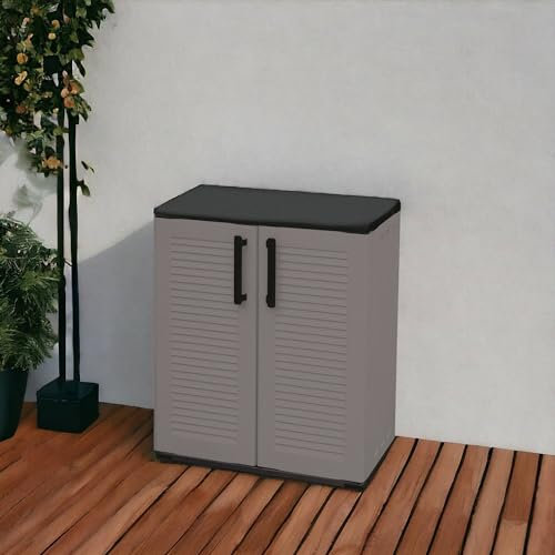 Dmora - Armoire d'extérieur Mol, Armoire de balcon polyvalente, Armoire d'extérieur avec 2 portes, 100% Made in Italy, 68x37h84 cm, Finition rayée, Gris et Noir