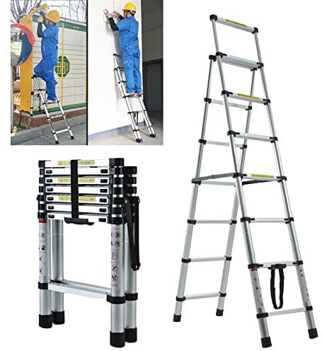 Telescoping Ladder 1.93M/6.5FT A-Frame Aluminum Extension Ladder Multi-Purpose Adjustable Folding Ladder with Convenient Handgrip Safety Lock EN131 Safe Standard for Household Daily-330lb Capacity