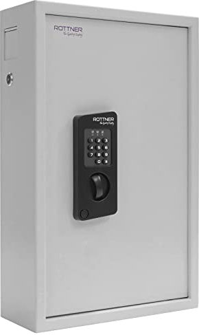 Rottner Schlüsseltresor Keytronic 100 aus Stahl, grau, Elektronikschloss mechanischer Schlüsselöffnung, Hakenleiste verstellbar, 100 Haken, 100 Schlüsselanhänger gratis, inkl. Montagematerial, Klein
